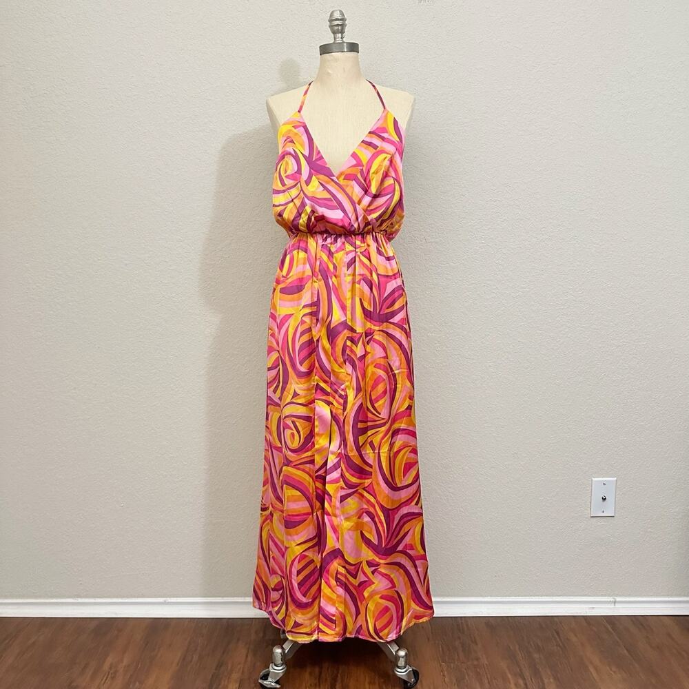 HOUSE OF HARLOW 1960 Mareena Maxi Dress Multi Swirl Psychedelic Satin NWT